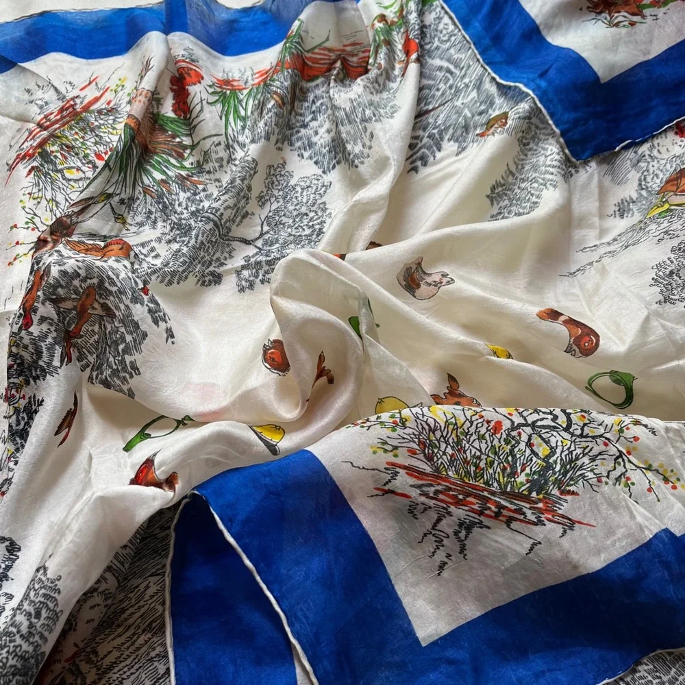 Vintage Hunting Equestrian Silk Scarf Blue Border Fox Hunt Birds Deer 31x34